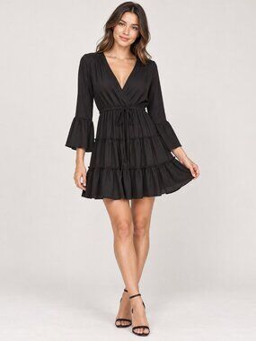 Hula Bay Black Boho Swim Cover Up Tiered Bell Sleeve Beach Tunic Dress